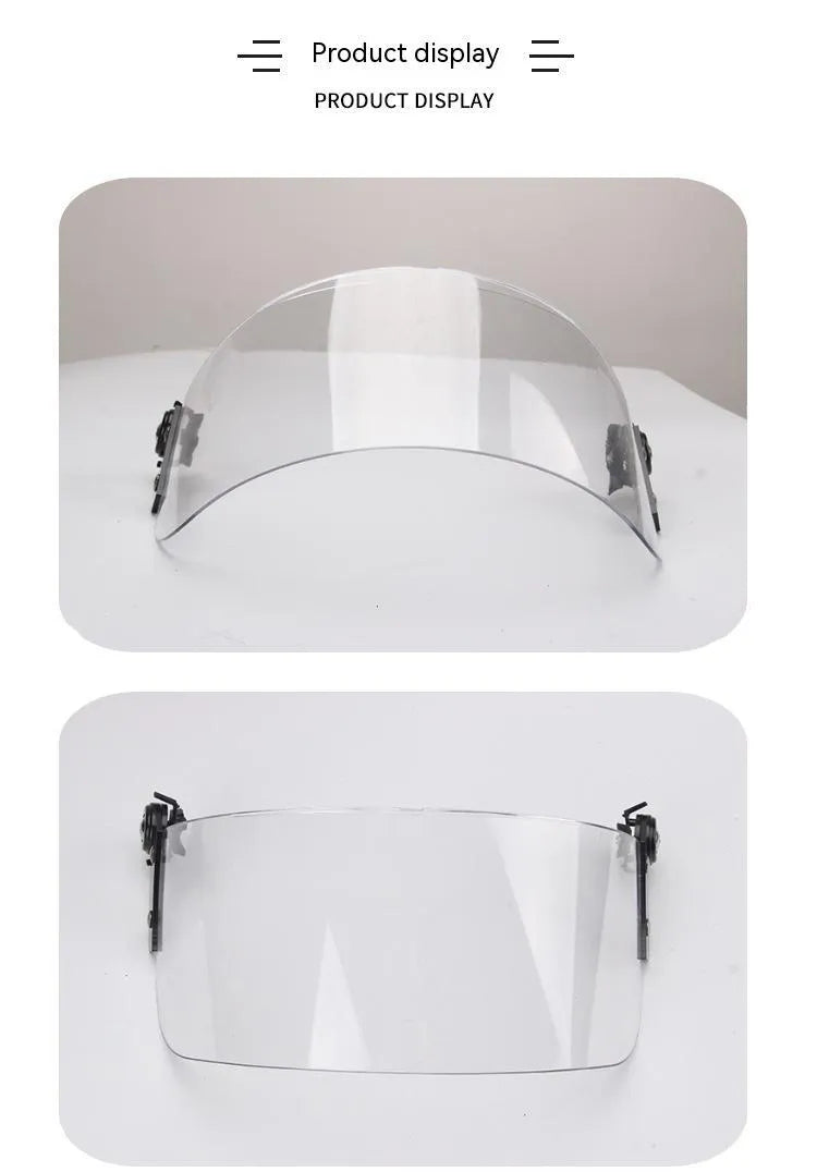 Transparent PC plastic sports helmet mask with a guide rail, shown in a clear colour.