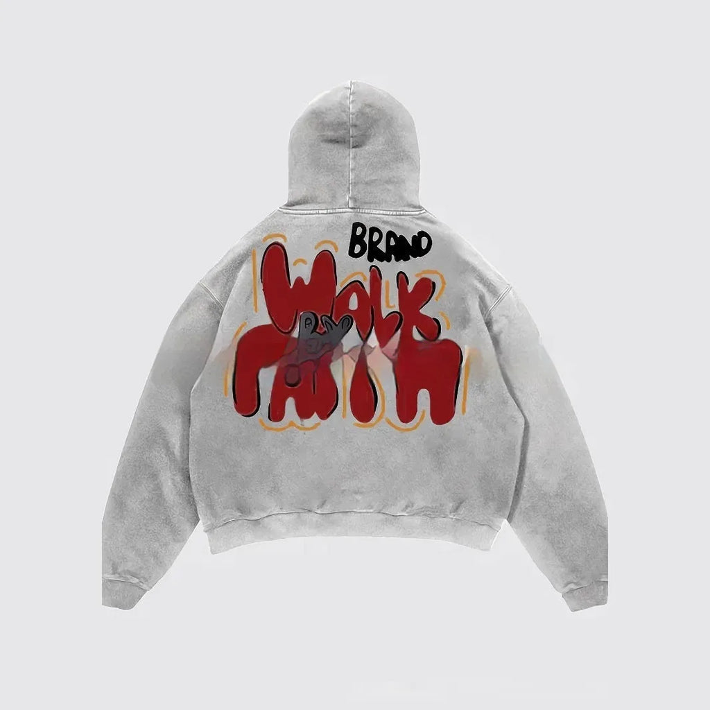Women's grey hoodie with large black letter print on the front, long sleeves, and a pocket.