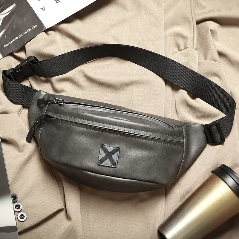 Korean men's trendy fashion shoulder bag in PU leather, available in black colour, with adjustable strap for crossbody wear.