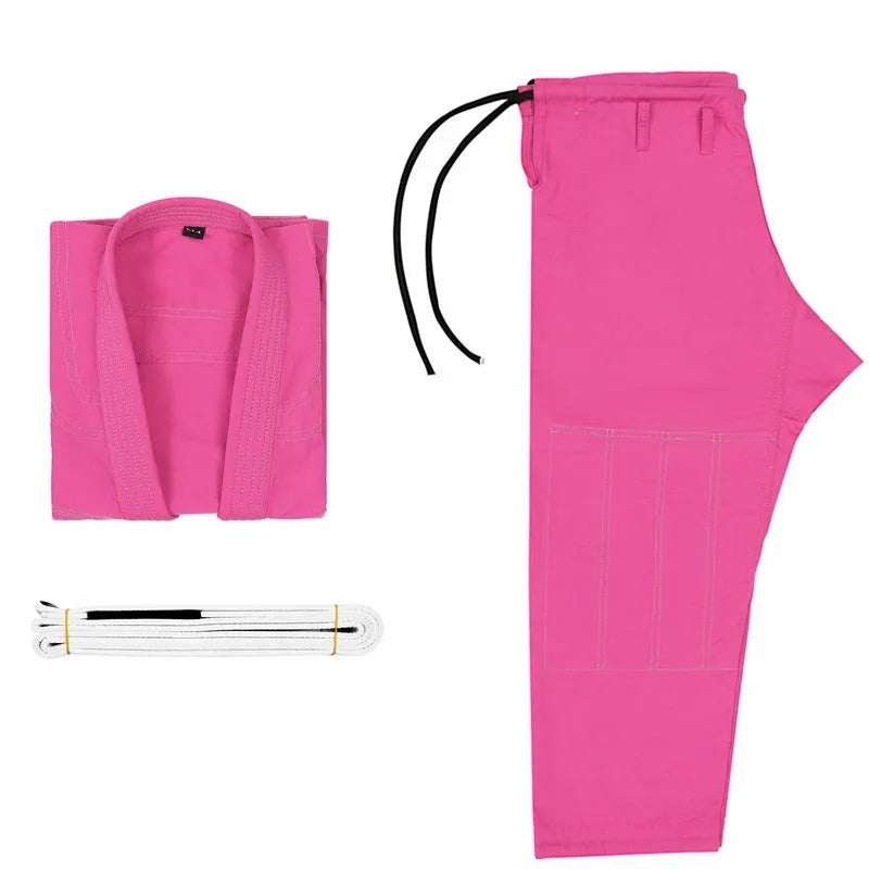 Brazilian Jiu-Jitsu Gi uniform in cotton blend fabric, showing top and trousers in a choice of colours.