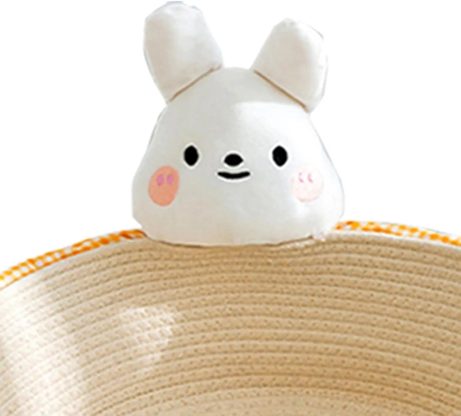 Woven cotton rope cat bed and scratching post in bear design, showing basket shape.