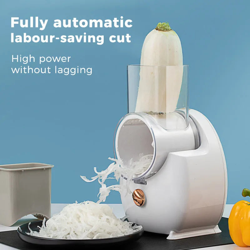 White electric vegetable slicer with suction base and multiple blades for potatoes and carrots