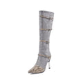Women's knee-high boots with thin high heels in black or grey colour options