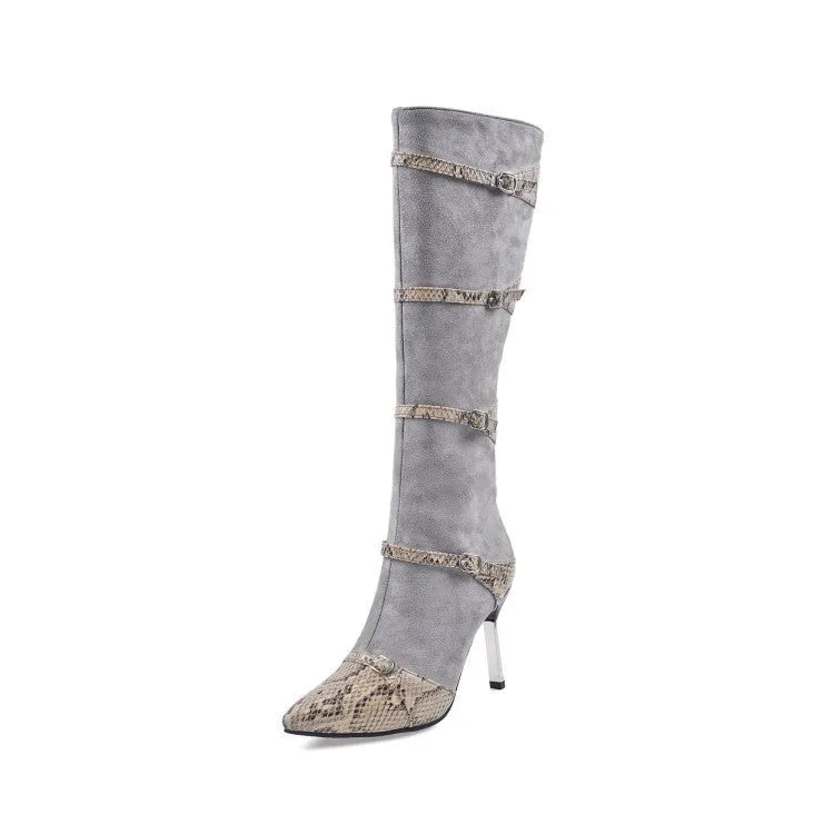 Women's knee-high boots with thin high heels in black or grey colour options