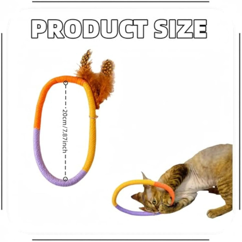 Green circular cotton rope cat toy with feathers attached, measuring 25cm diameter