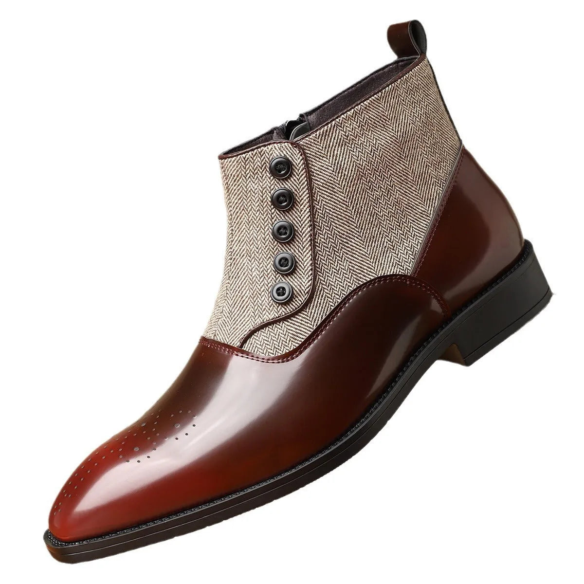 Brown men's formal shoes with square toe, side zipper, and low square heel on a rubber sole.