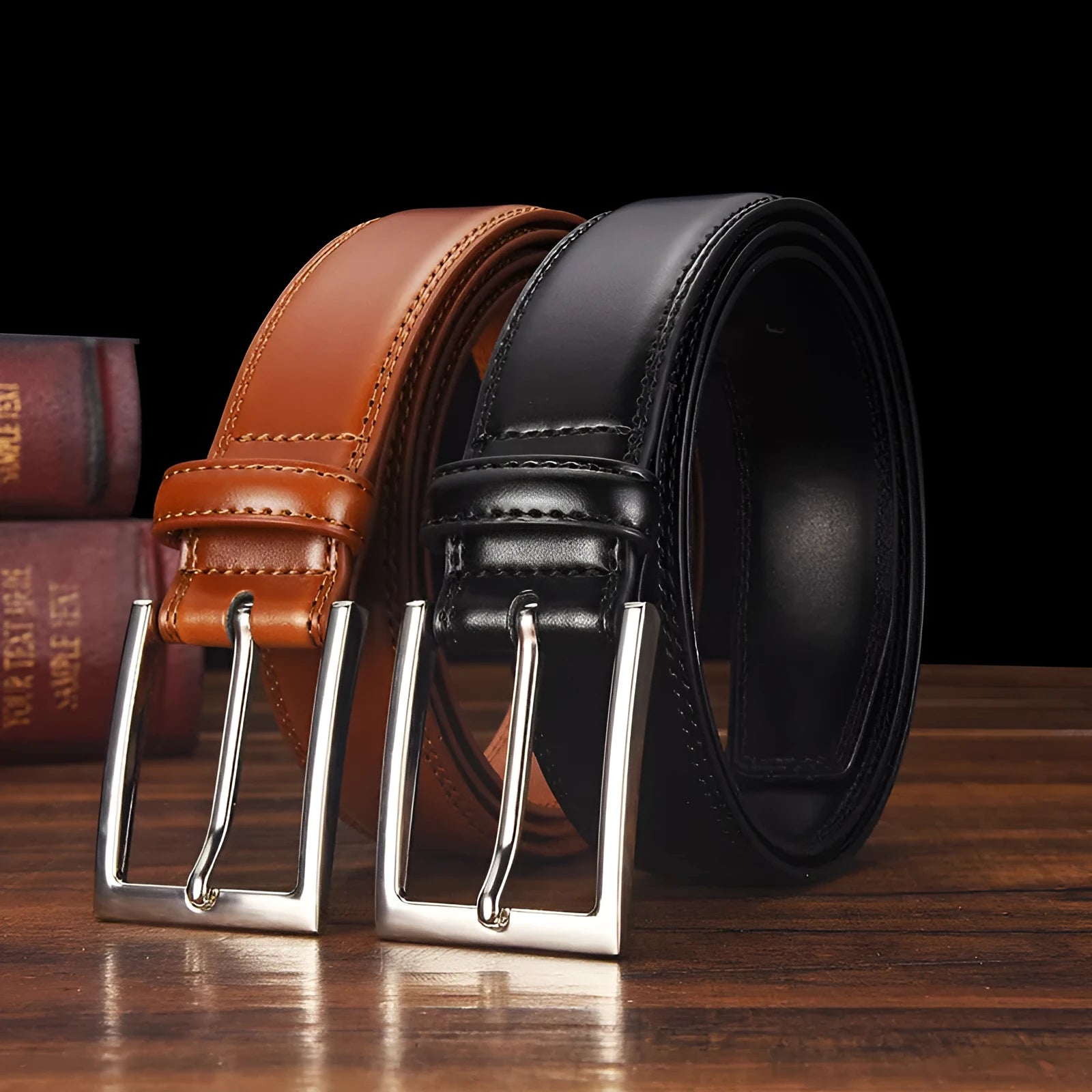 Men's black leather belt with a silver alloy pin buckle laid flat, showing its length and width.