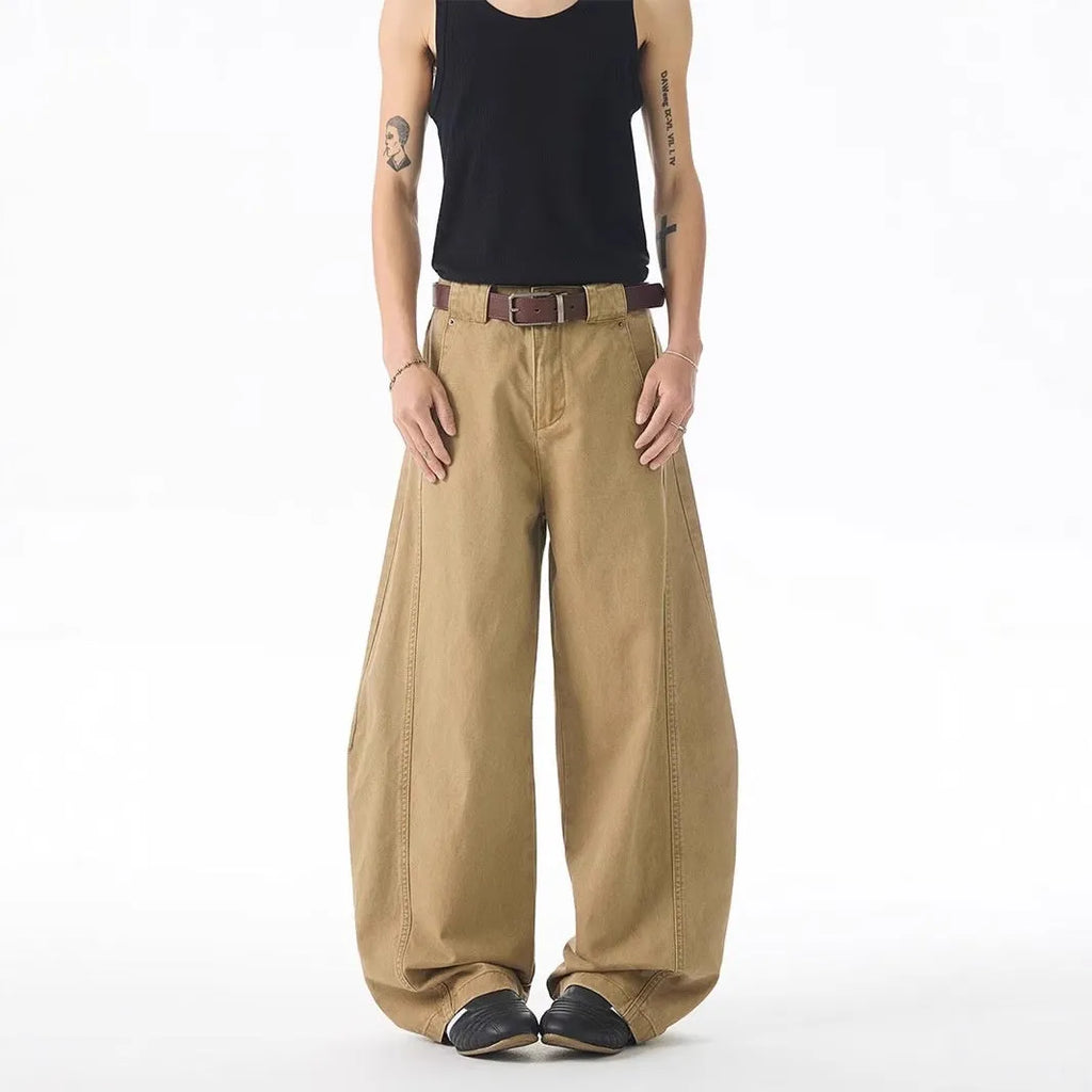 Brown Korean style men's loose jeans with straight leg design and button fly