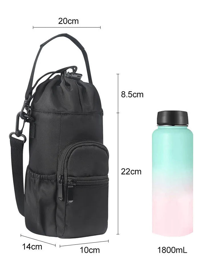 Cloth water bottle pouch with crossbody strap in black, green, and pink colour options.