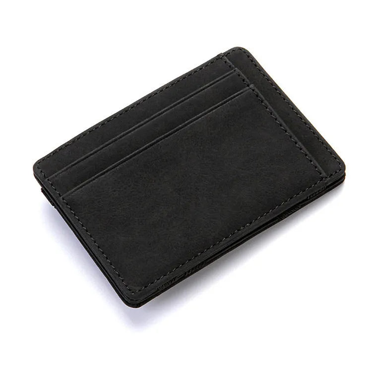 PU leather magic wallet open showing flip card holder and zippered coin purse in one of five colours.