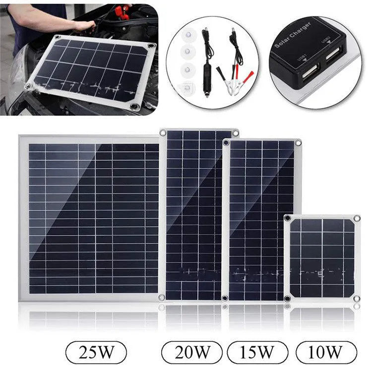 Portable polycrystalline silicon solar panel with dual USB charging ports for outdoor use.