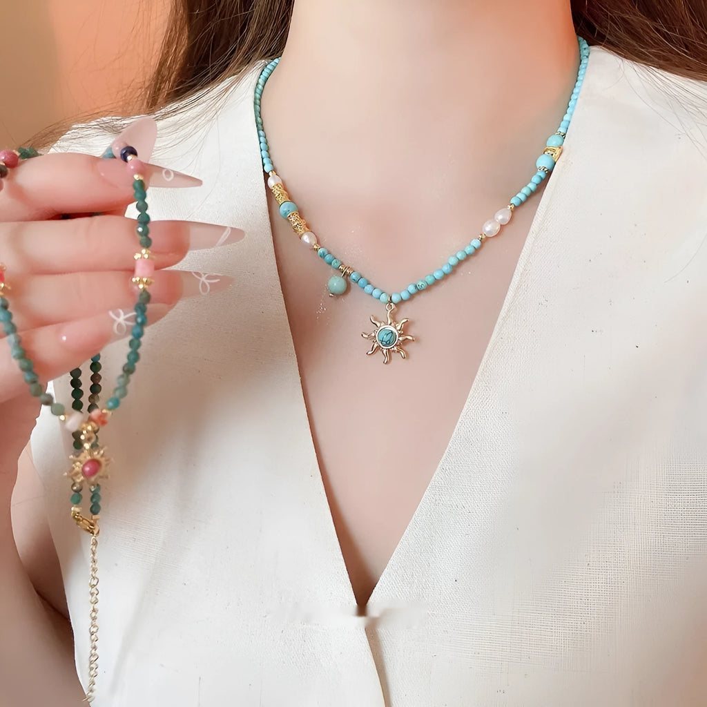 Stone and freshwater pearl sun necklace with adjustable chain in French court style