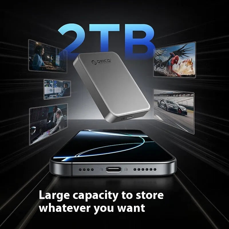 Grey magnetic mobile solid state drive with ultra-thin design next to its C to C cable and magnetic suction ring.