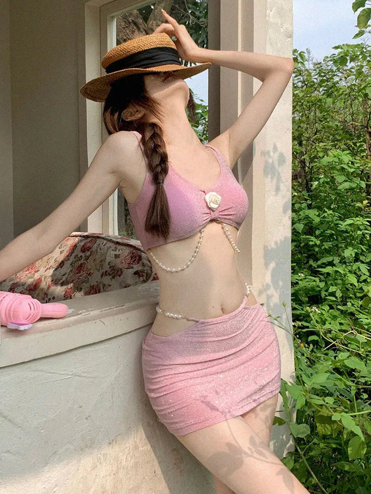 Women's three-piece polyester bikini set in pink or black for swimming sports
