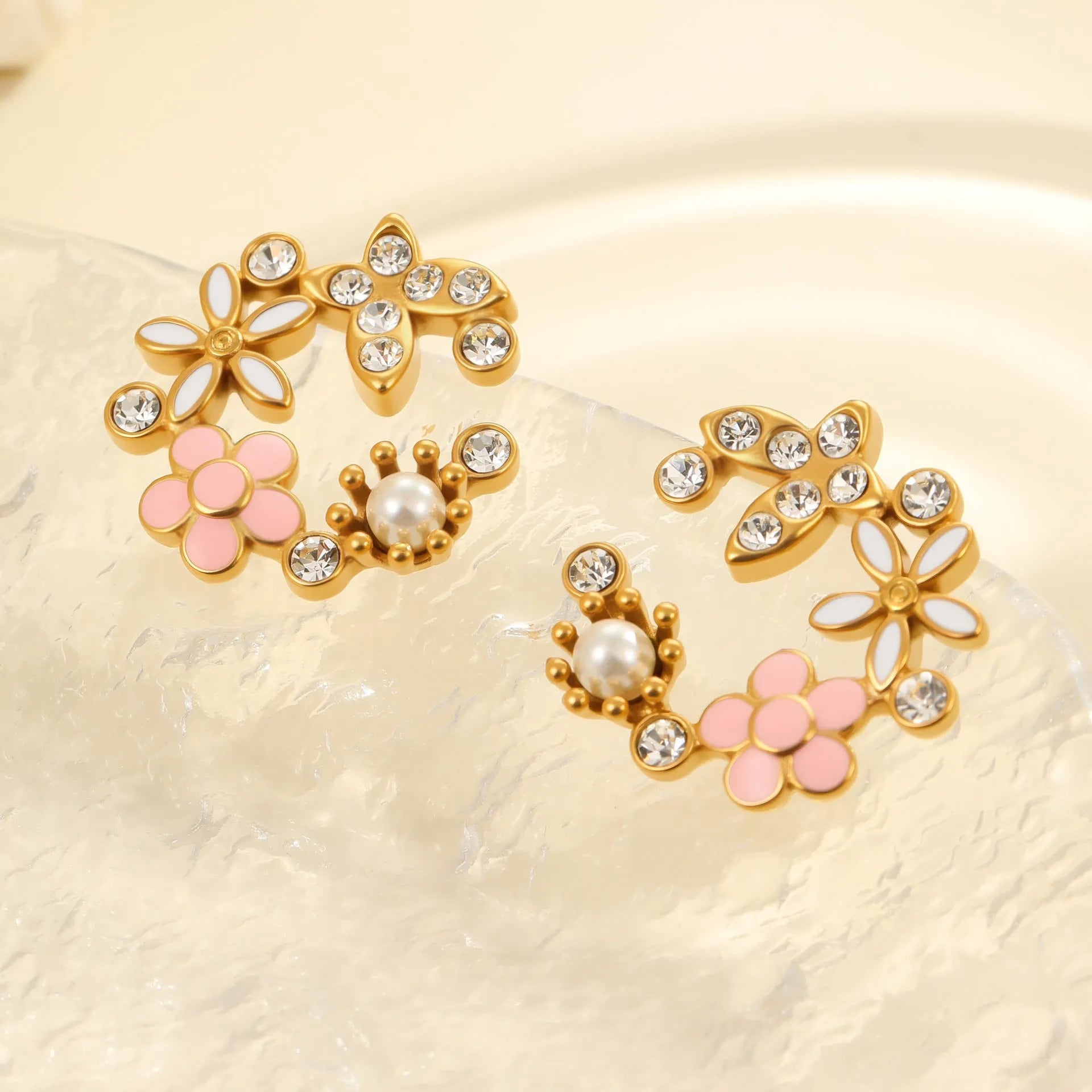 Colourful flower stud earrings with petal design in 18K stainless steel