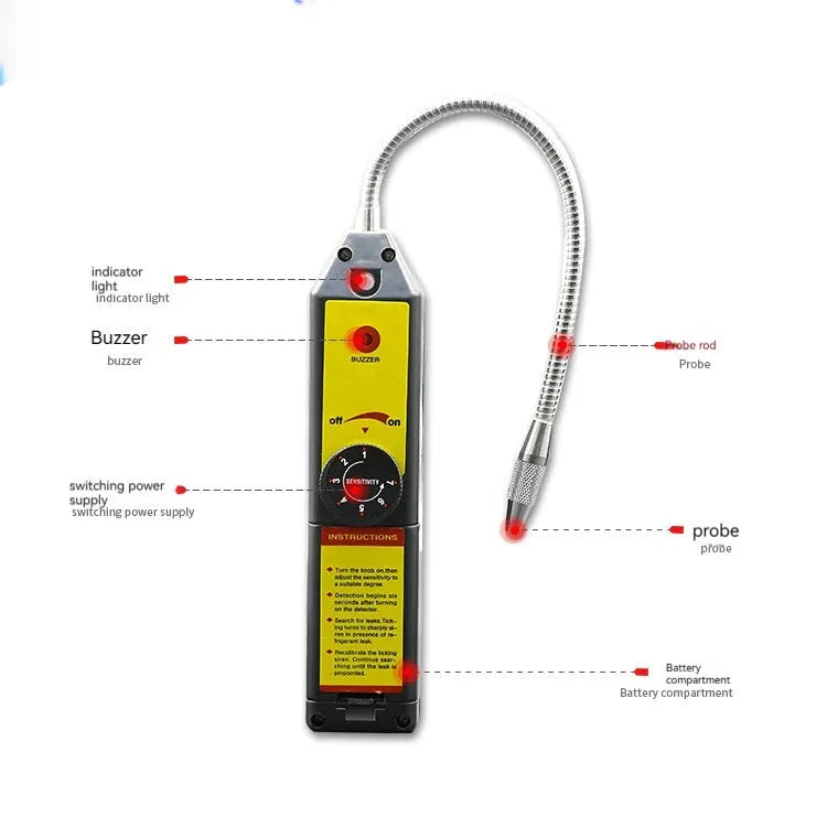 WJL-6000 electronic halogen refrigerant leak detector with extended probe on workbench