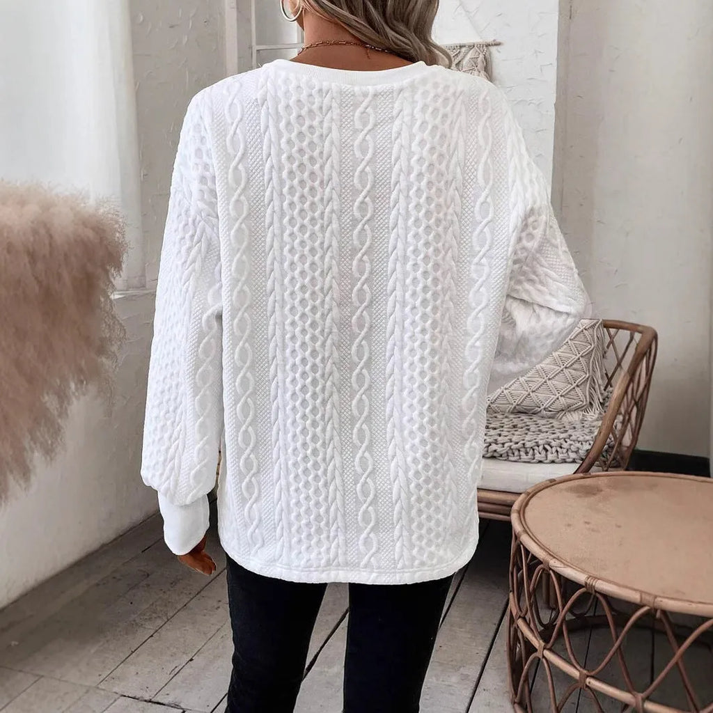 Milky white loose fit casual t-shirt with 3D patterns and long sleeves