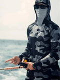 Men's grey fishing shirt with hoodie and neck cover showing mesh side panels for breathability