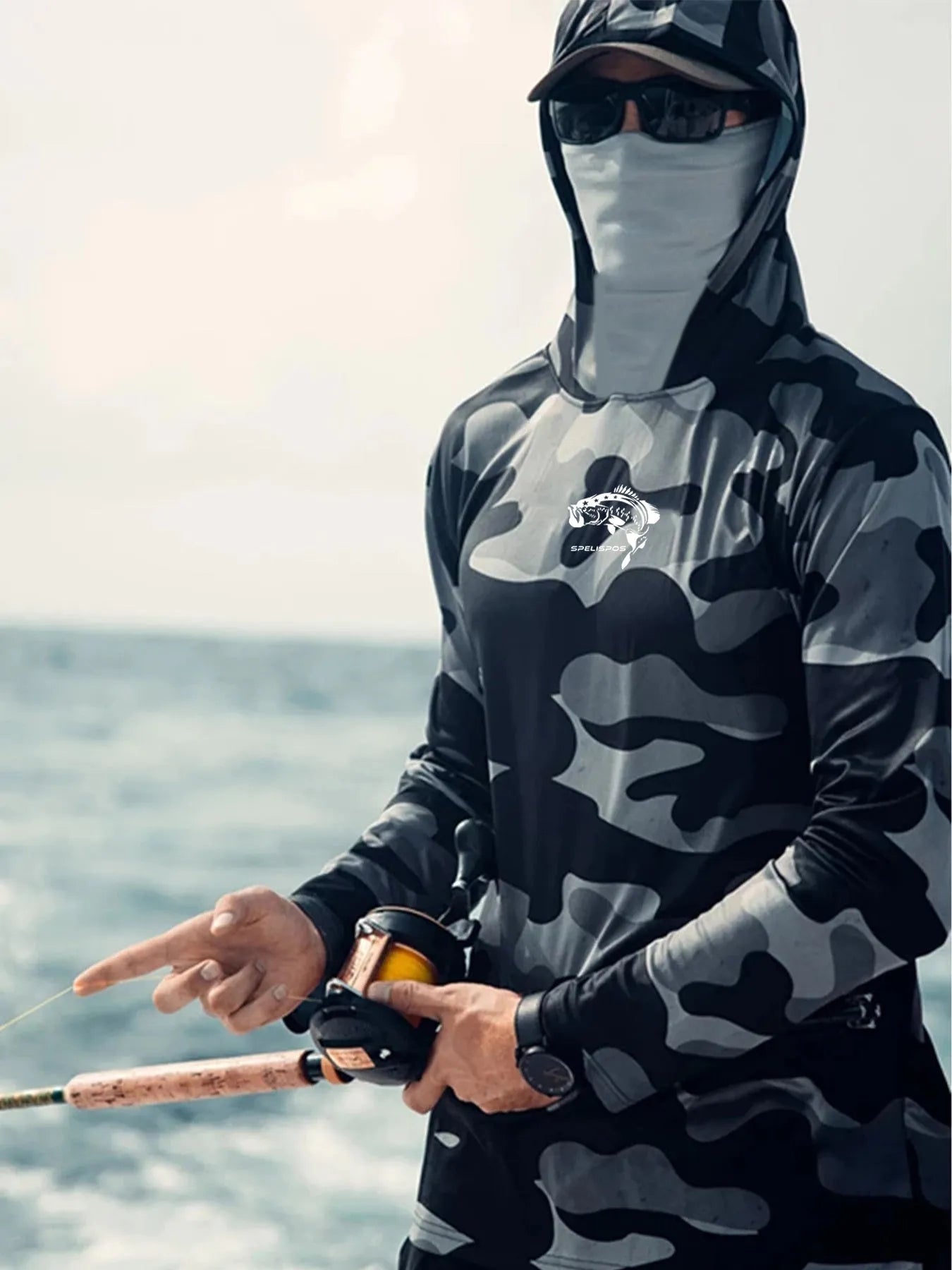 Men's grey fishing shirt with hoodie and neck cover showing mesh side panels for breathability
