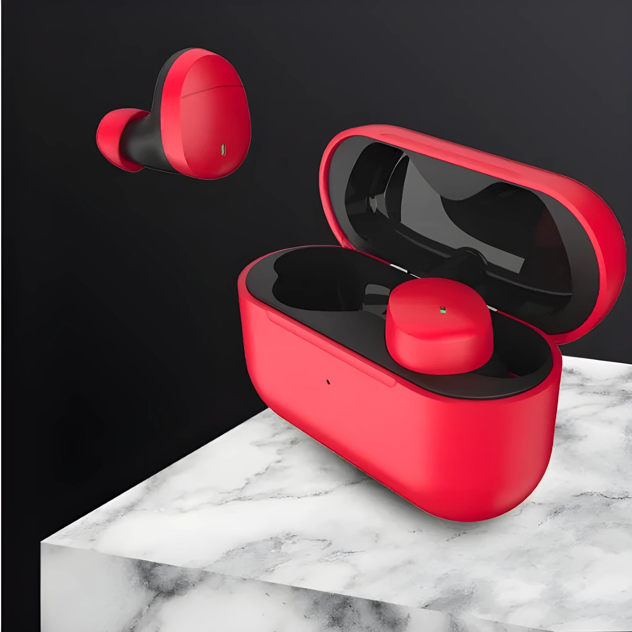 Flame Red Qualcomm TWS 3040 bilateral wireless Bluetooth earphones with charging cable