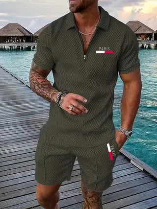 Men's retro plaid beach suit with PARIS heat transfer patch, short-sleeve T-shirt and shorts set in nine colours