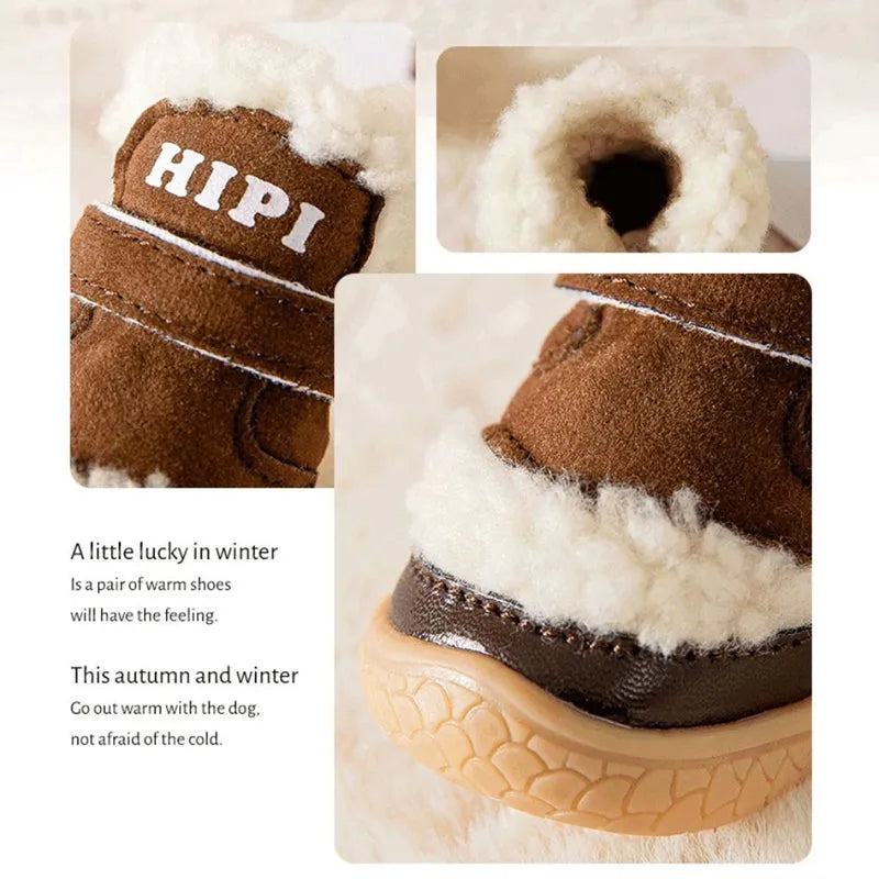 Brown winter dog shoes with adjustable Velcro straps and anti-slip rubber soles on a snowy surface