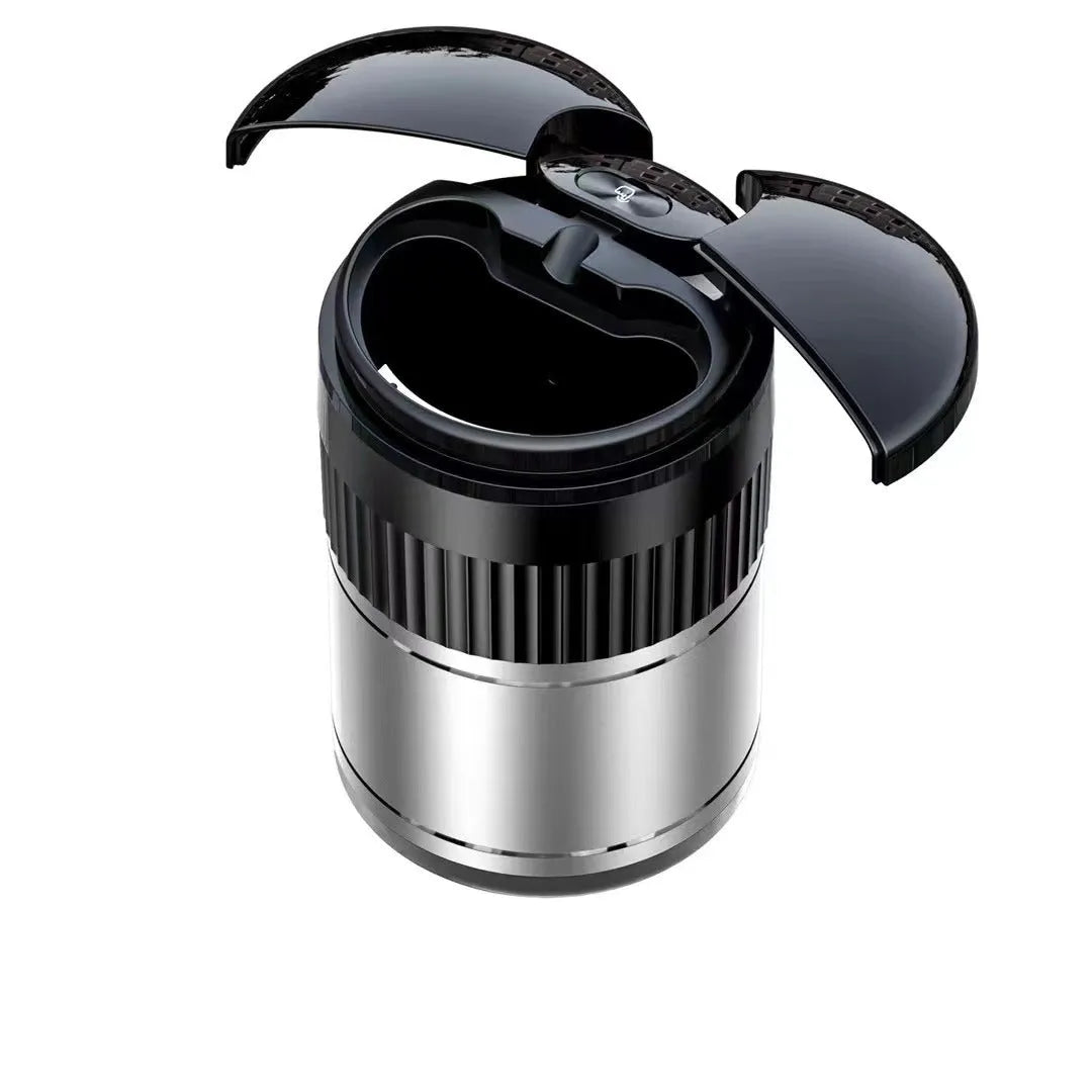 Compact metal smart car ashtray with lid in choice of colours for vehicle and home use.