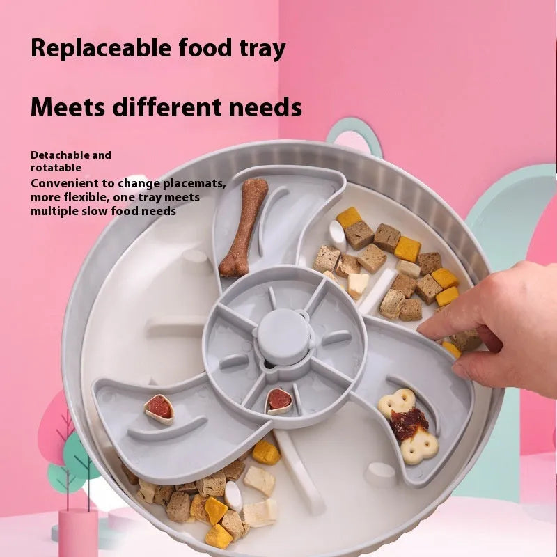 Pet slow feeder bowl with a rotating game board and textured silicone licking mat in various colours.