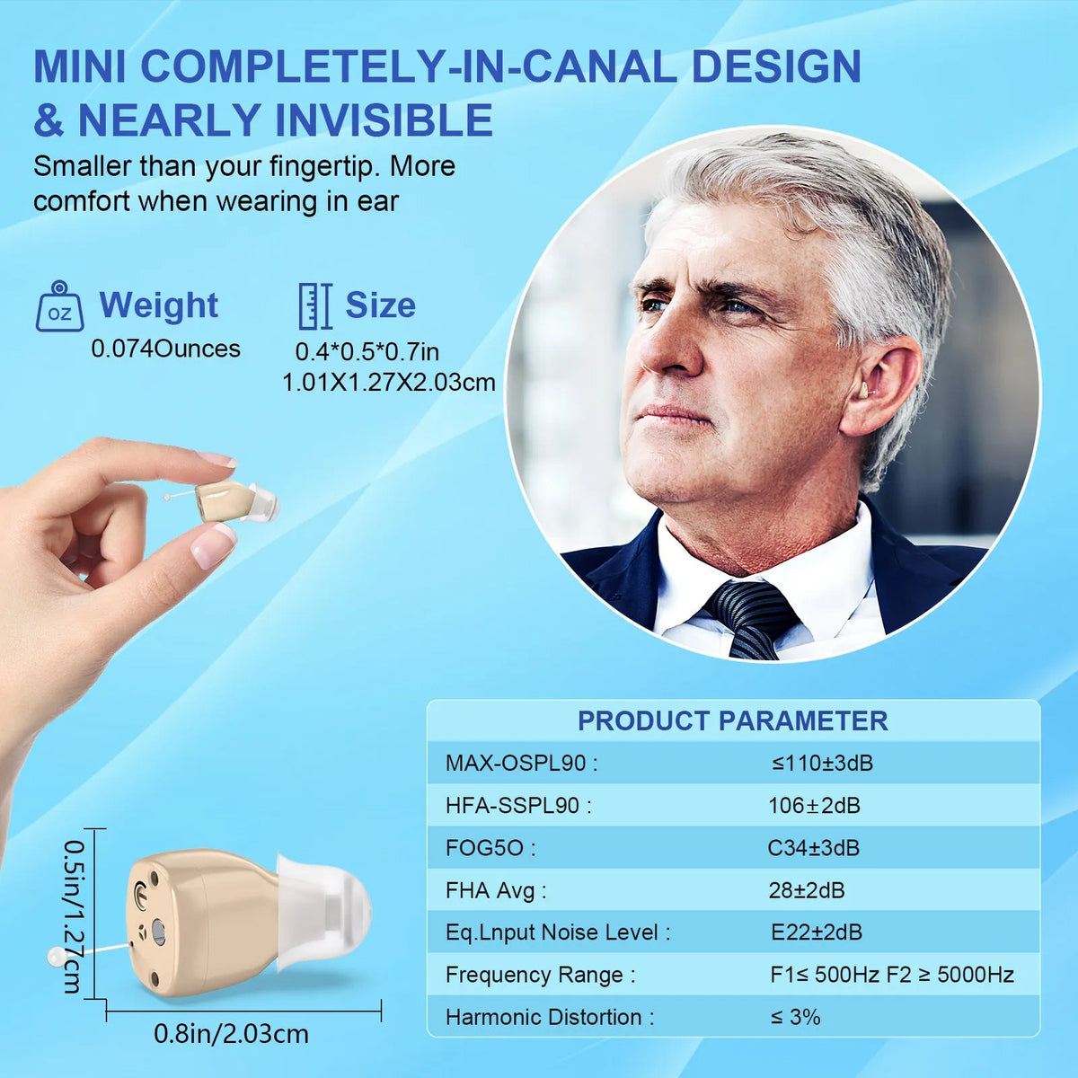 White noise reduction hearing aid with digital display, transparent cable, and magnetic charging base