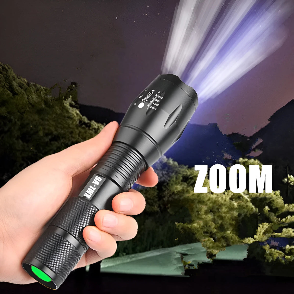 Black aluminium zoom flashlight with adjustable focus ring, shown next to an 18650 battery.