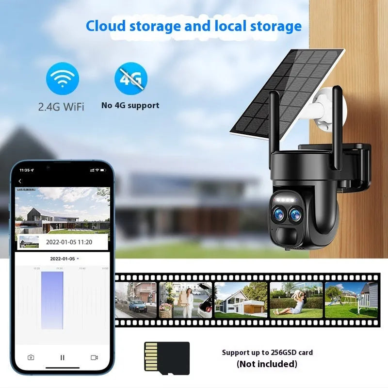 White outdoor solar security camera mounted on a wall with a solar panel on top.