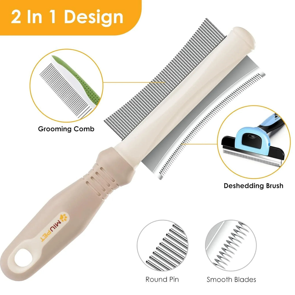 White double-sided pet grooming brush with comb and deshedding blade, featuring an ergonomic handle.