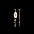 Geometric stainless steel drop earrings showing Eight Awn Star, Eye, and Shell Sun designs on a white background.