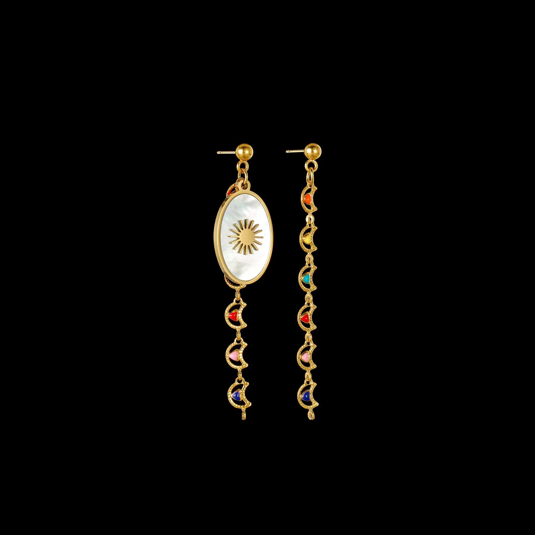 Geometric stainless steel drop earrings showing Eight Awn Star, Eye, and Shell Sun designs on a white background.