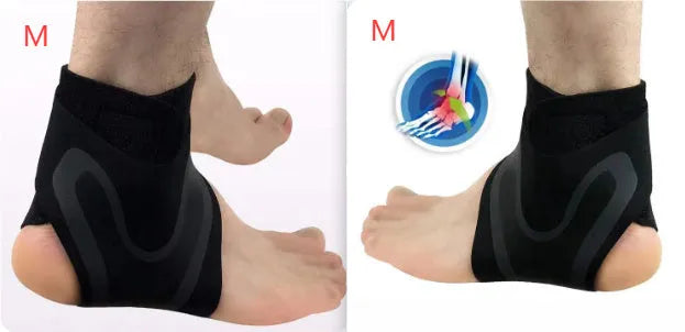 Adult ankle support protective cover for sports, showing left and right foot versions in sizes M L XL
