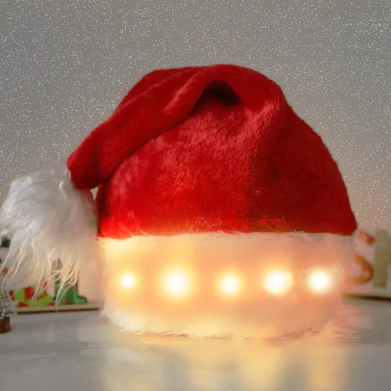 Red and white LED Santa hat with pom-pom and 9 colourful bulbs glowing