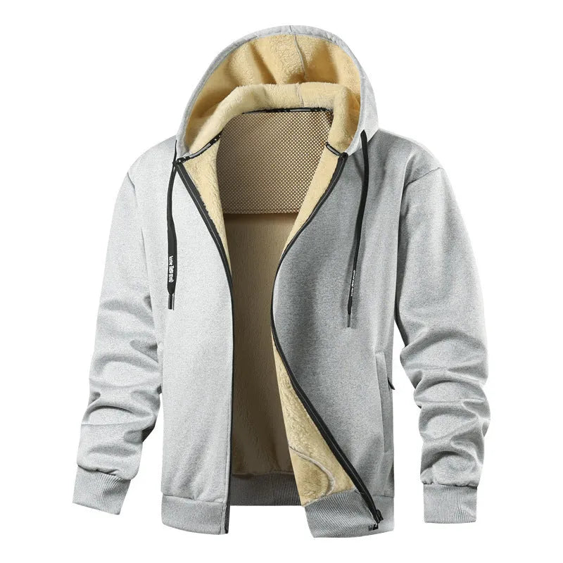 Men's hooded fleece-lined sweatshirt in black with side pockets, loose fit for casual winter wear