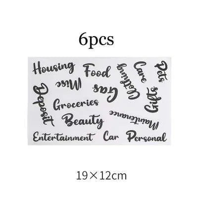 Assortment of handwritten label adhesive stickers showing A6 ruler, grid layouts, and coloured sticky notes.