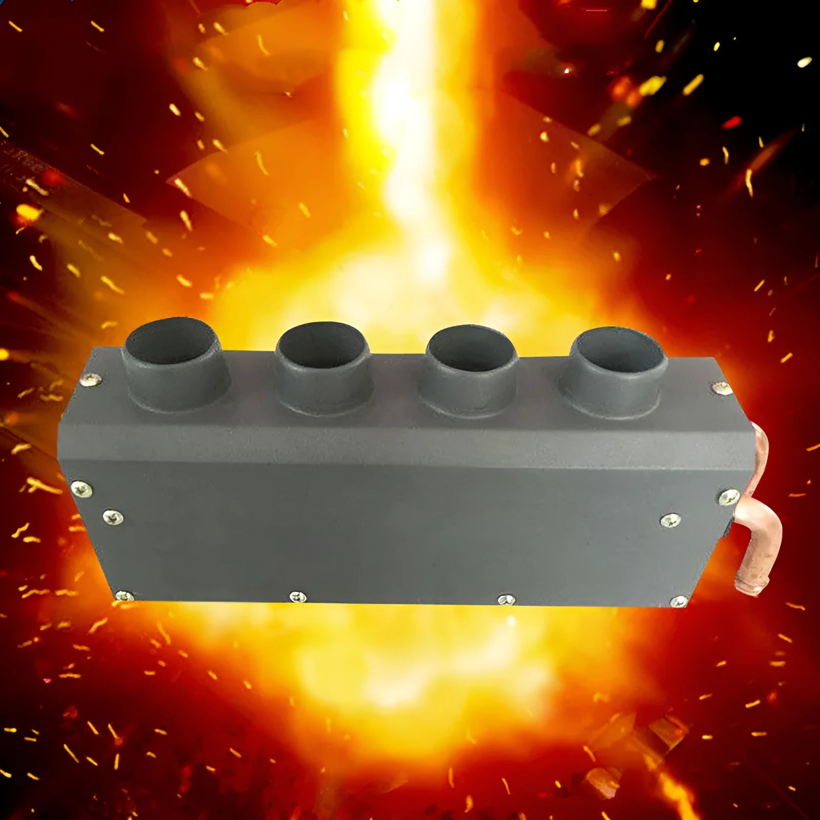 Metal car heater with copper pipe connector for 12V or 24V vehicle installation.