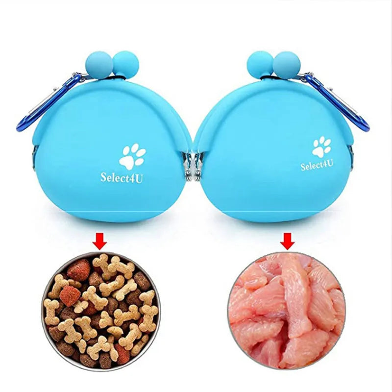 Yellow silicone dog training treat pouch with hook & loop closure showing 9x9.5cm dimensions