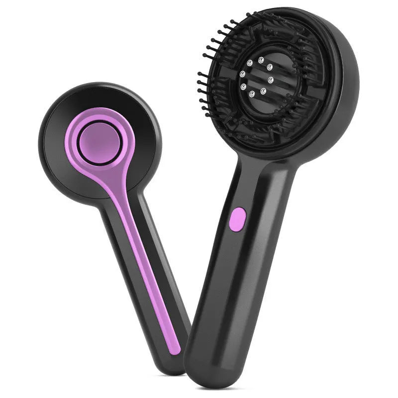 USB-powered head massage tingler with comb design in black, grey, or red, showing mechanical controls and two speed settings.