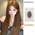 Warm brown synthetic lace front wig with centre part and long straight hair with side bangs
