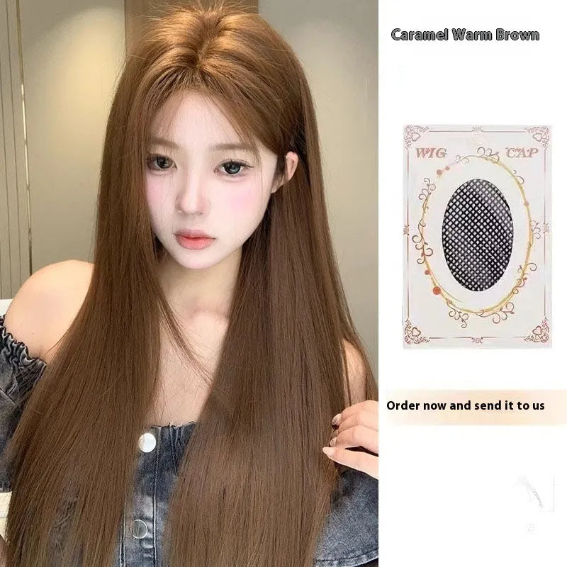 Warm brown synthetic lace front wig with centre part and long straight hair with side bangs