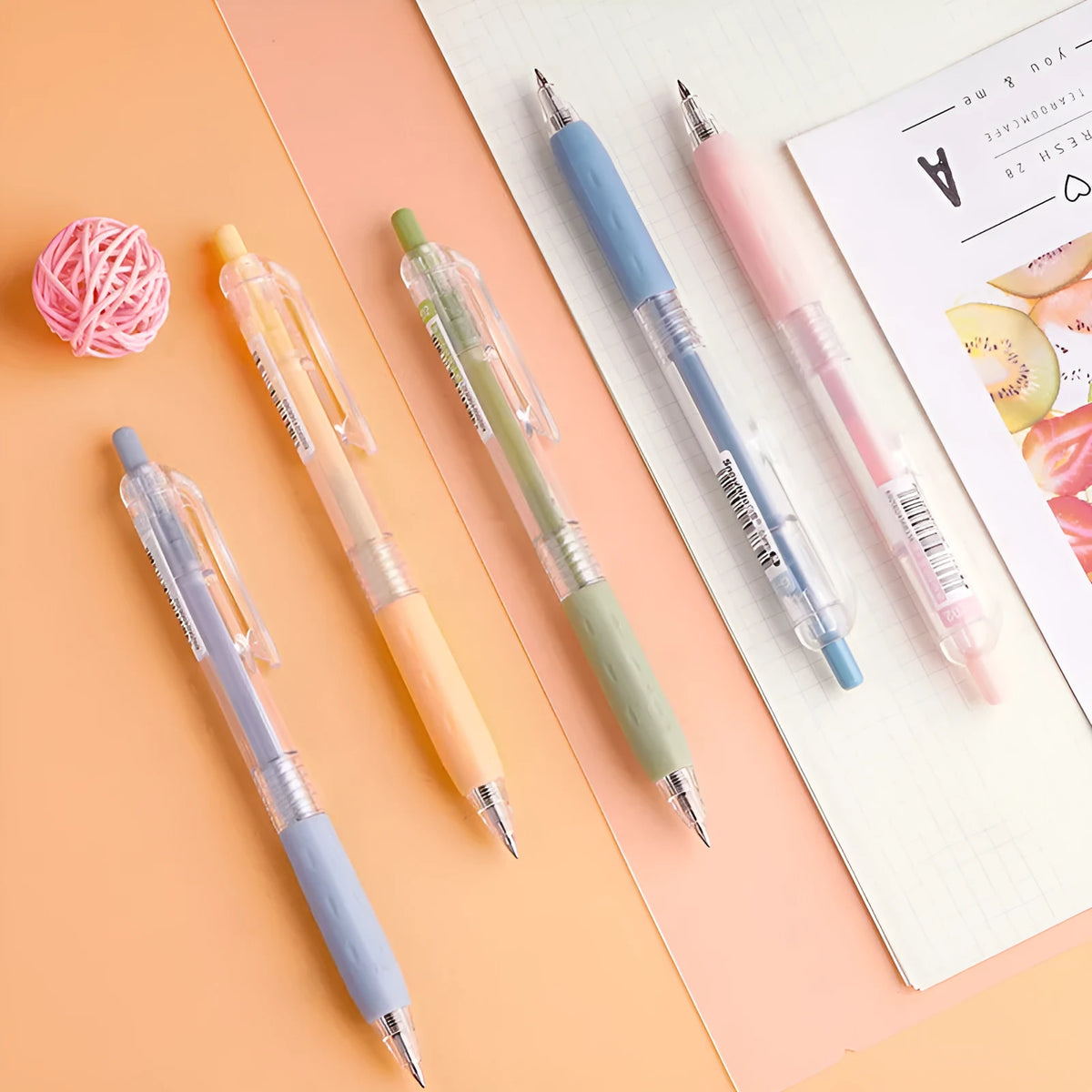 Bullet-tip gel pen with 0.5mm line width, black ink, plastic shell, shown in blue, green, grey, pink, and yellow options