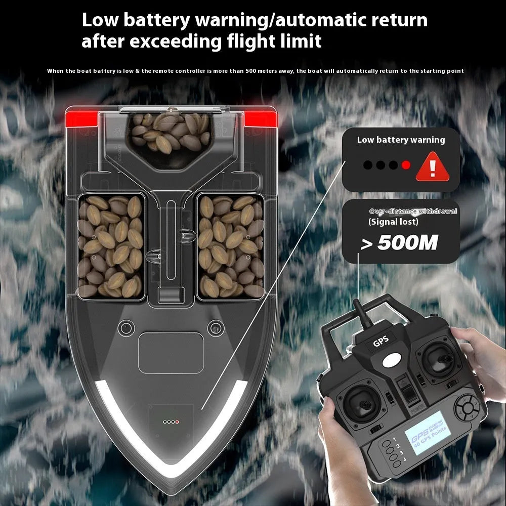 V020 black and luminous yellow GPS remote control fishing boat with remote handset.