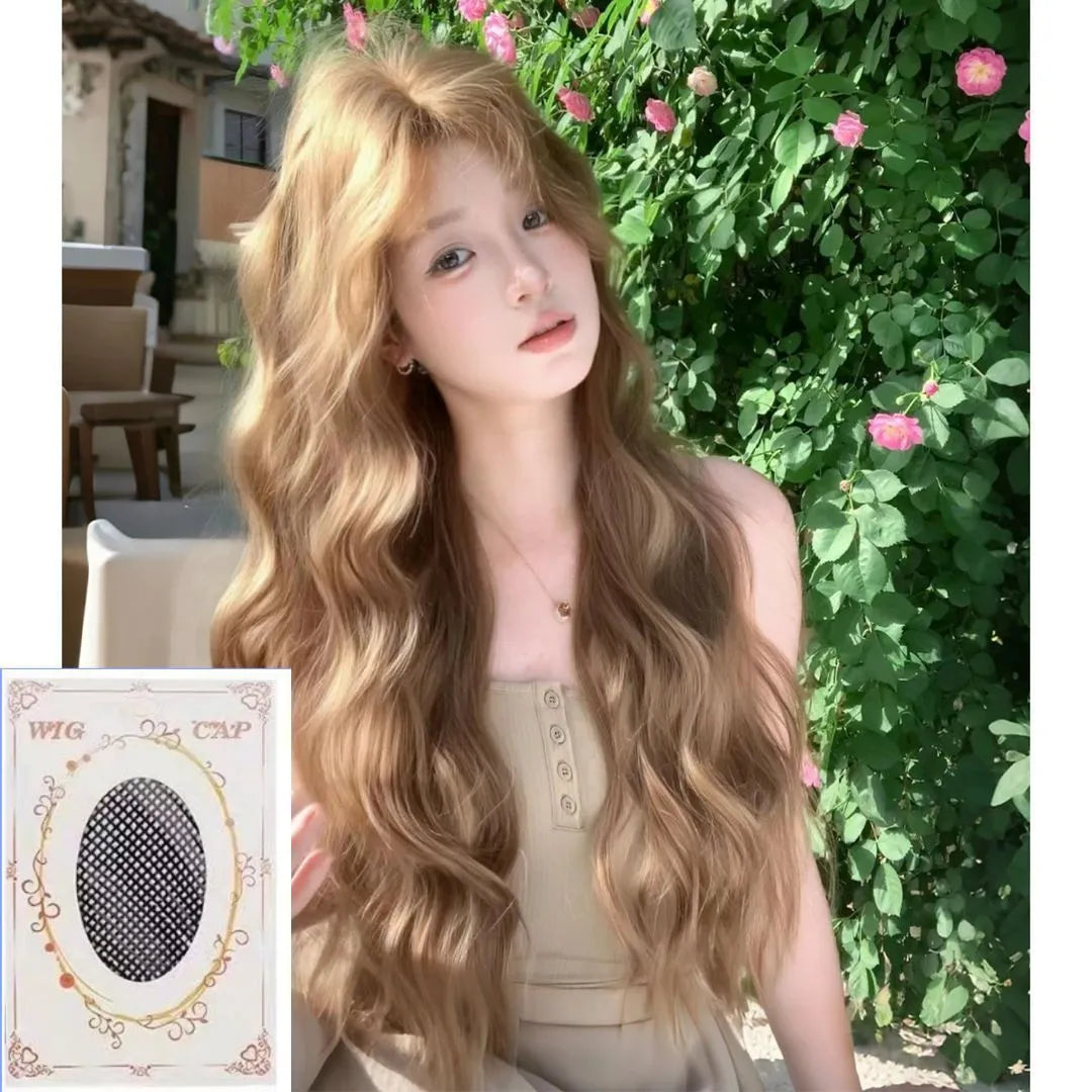 Linen brown long curly lace front wig with mechanism construction and high temperature fibre synthetic hair