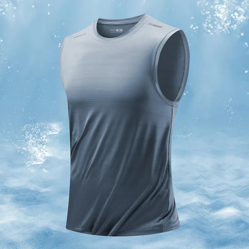 Men's loose-fit sleeveless waistcoat vest in a solid colour, showing straight hem design.