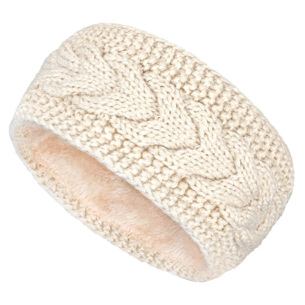 Fleece-lined twist knitted wool hair band for women in black, light grey, beige, and 14 colour options