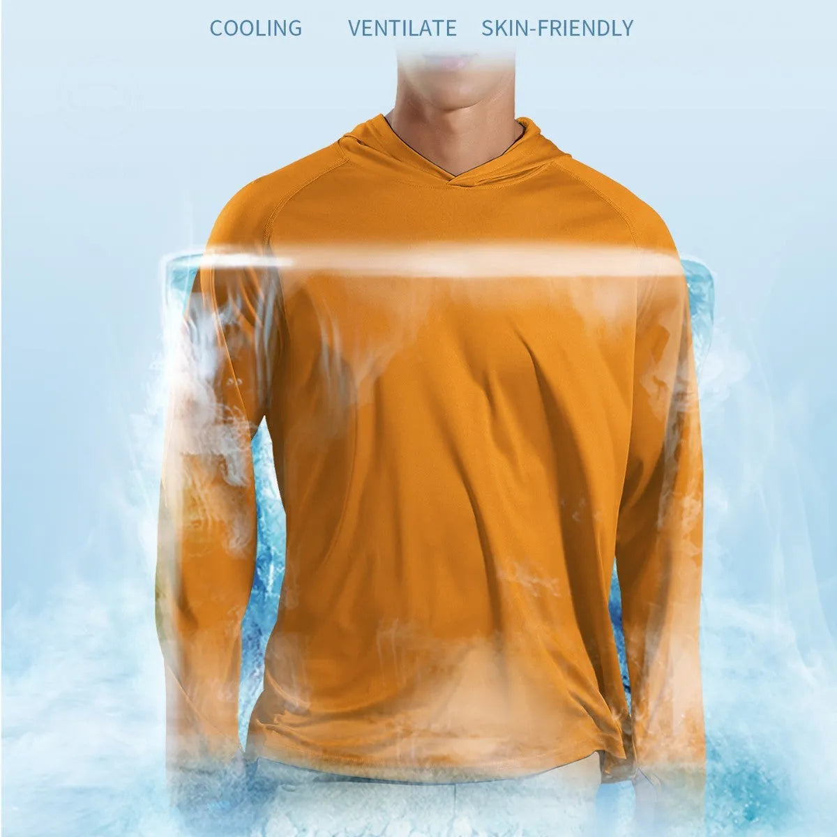 Long sleeve hooded outdoor top for UV protection during fishing and hiking, shown in a solid colour.