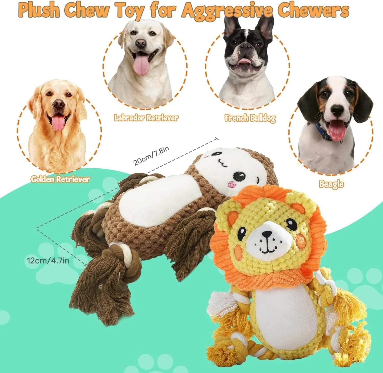 Lion and monkey plush squeaky dog toys bundle for medium and large dogs